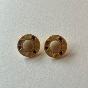 Vintage 80s/90s Earrings Large Round Stud Circle Gold Colored Neutral Mosaic